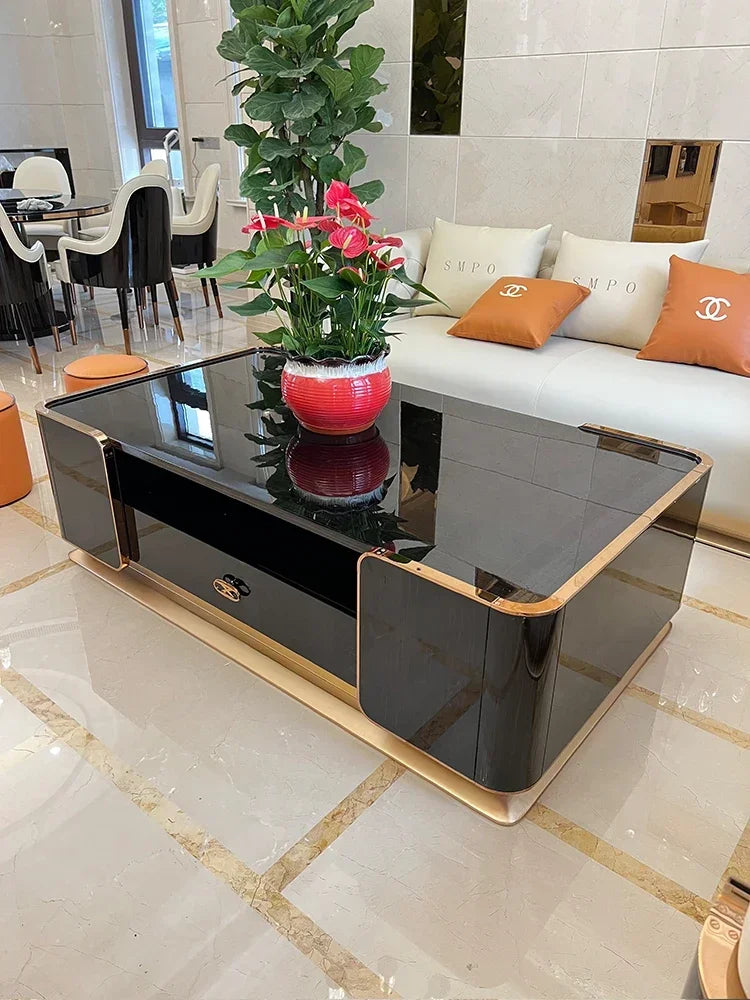 Italian luxury solid wood long tea table TV cabinet living room exquisite villa simple new furniture stainless steel lockers