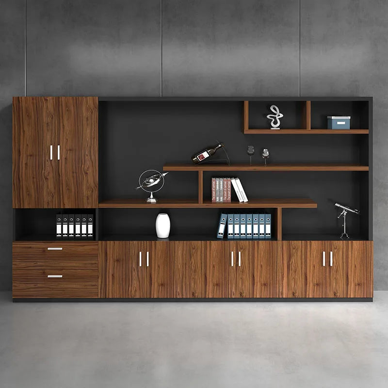 Wooden office furniture including a file cabinet, bookcase, and composite panel file cabinet, perfect for a boss&