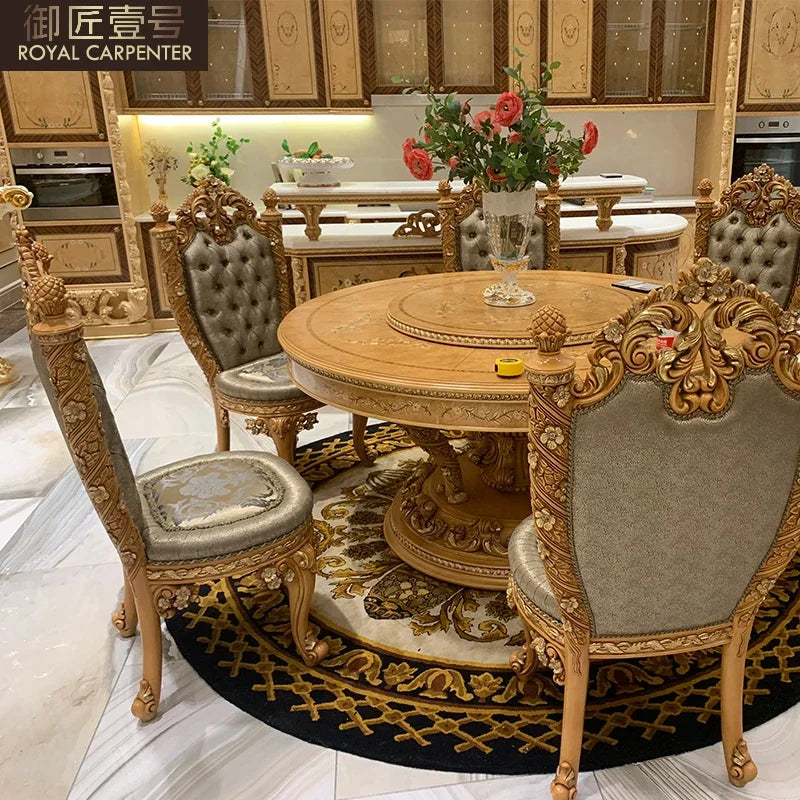 Luxury European round table dining chair neoclassical solid wood carved dining table and chair combination