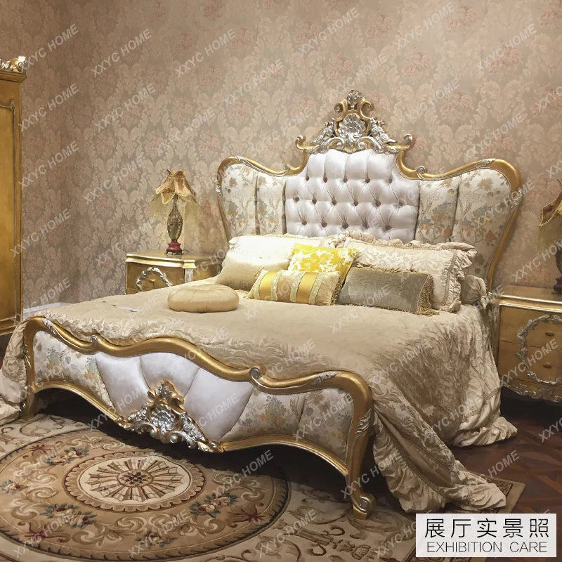 French-inspired retro solid wood double bed, featuring fabric upholstery and elegant carvings