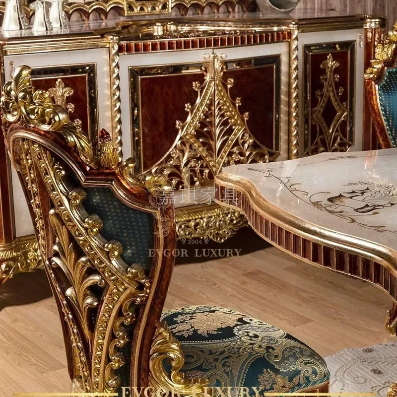 Custom European solid wood long dining tables and chairs luxury gold foil carved French court Baroque Restaurant