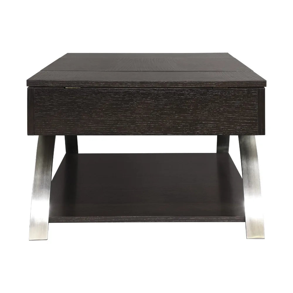 Modern Elevated Coffee Table – Espresso Finish Wood with Chrome Metal Display Shelf