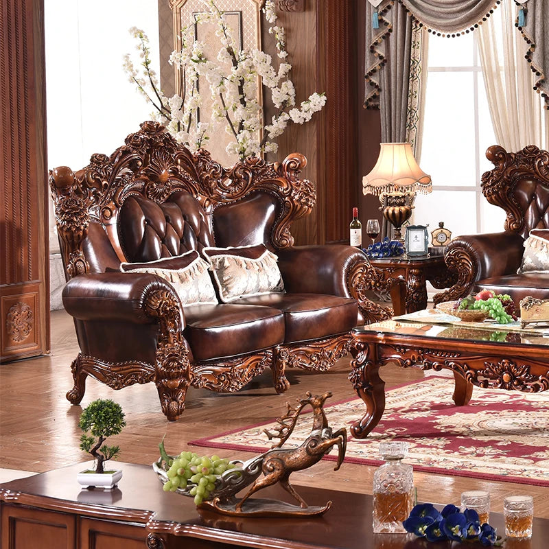 European-Style Leather Sofa: Solid Wood Carving with First Layer Cowhide, Ideal for Large Villa Living Rooms.