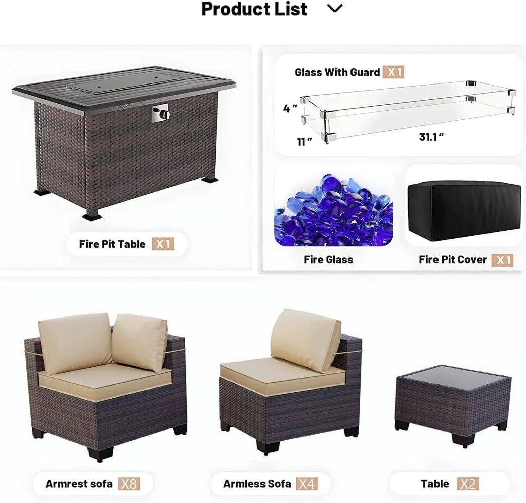 43" Gas Propane Fire Pit Table with PE Wicker Rattan Sectional Sofa. 55000 BTU.