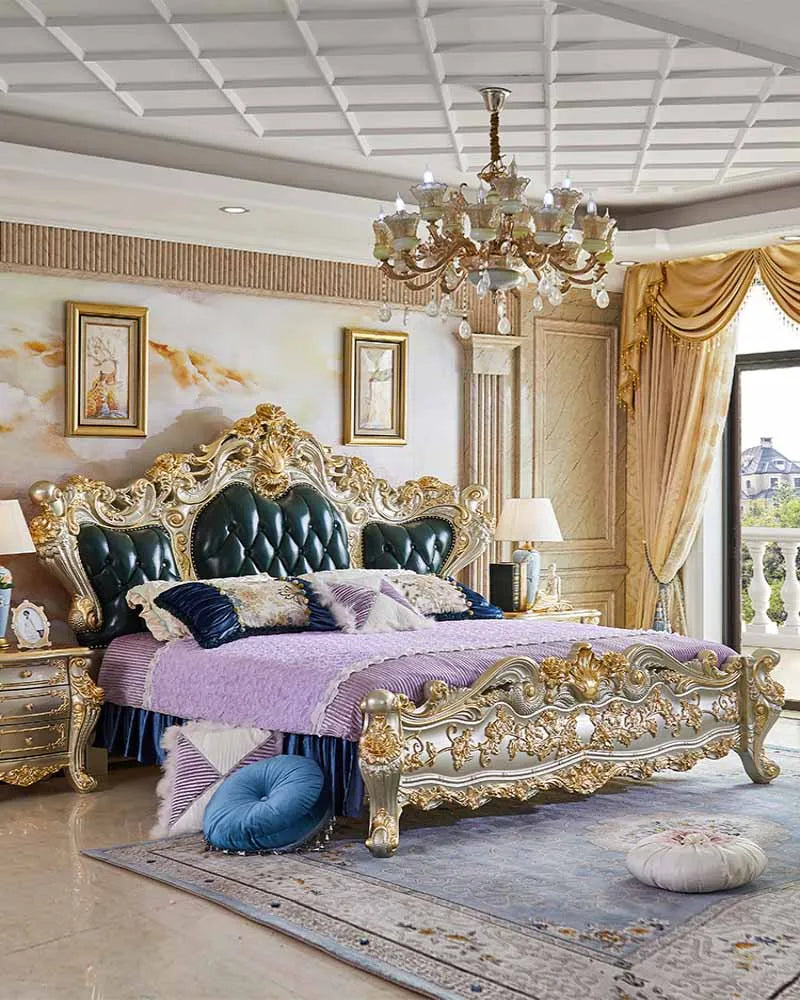 European-style solid wood king bed with genuine leather