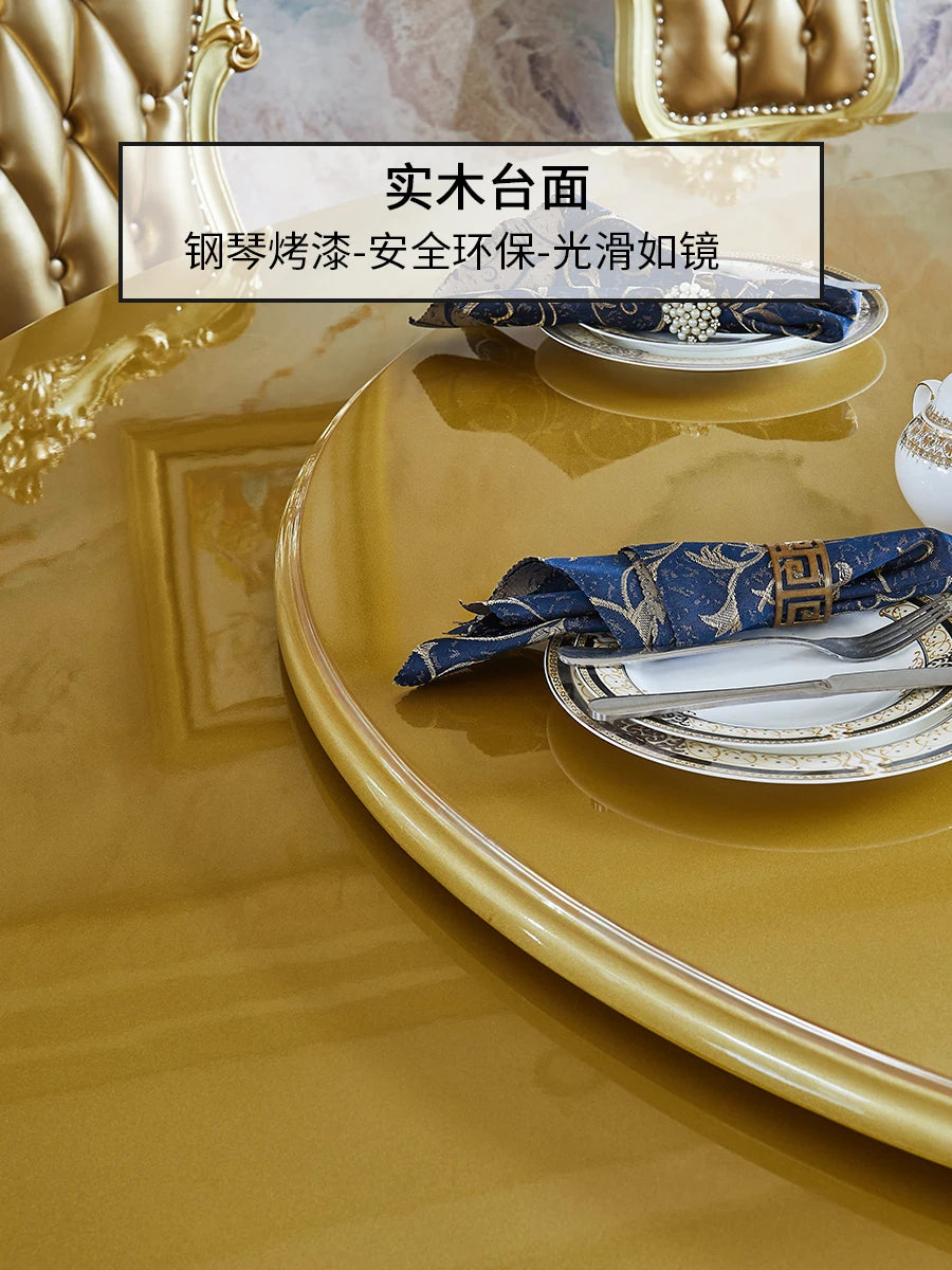 European round table, full solid wood dining table, luxury champagne golden hotel dining table, dining table and chairs