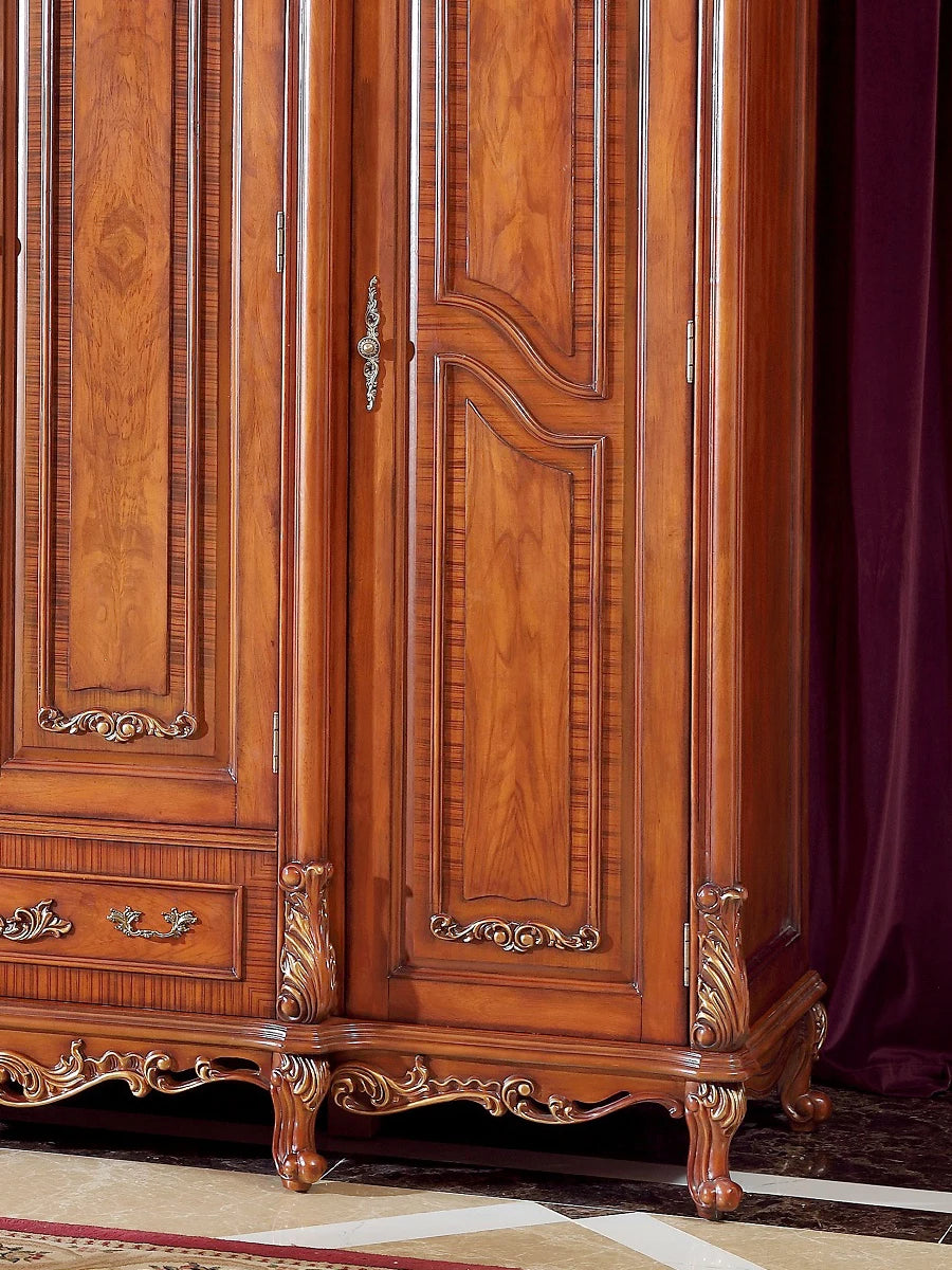 American Country Solid Wood Wardrobe – European-Style Retro, 4 Doors, Custom Luxury