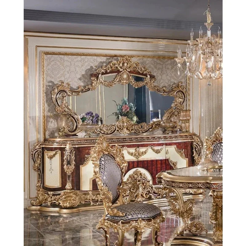 Luxury Wooden Dining Room Furniture Set Classic Royal Family Antique Gold Hand Carved Dining Table With Chairs