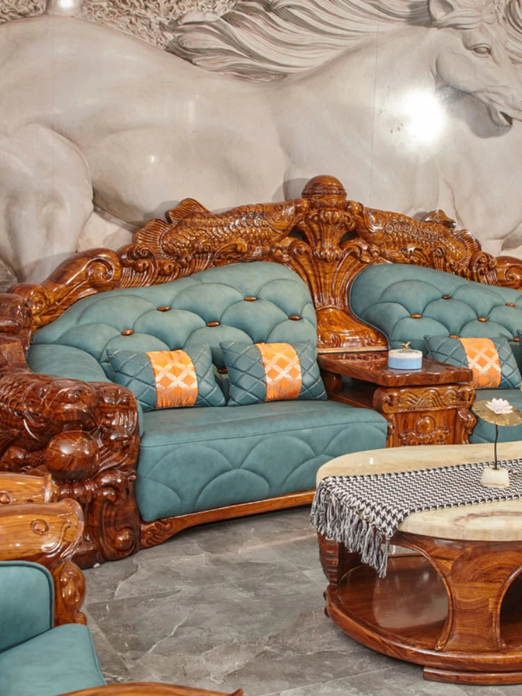 Style Genuine Cattlehide Leather Surface All Solid Wood Carved Villa Large and Small Apartment Type Living Room Set Furniture