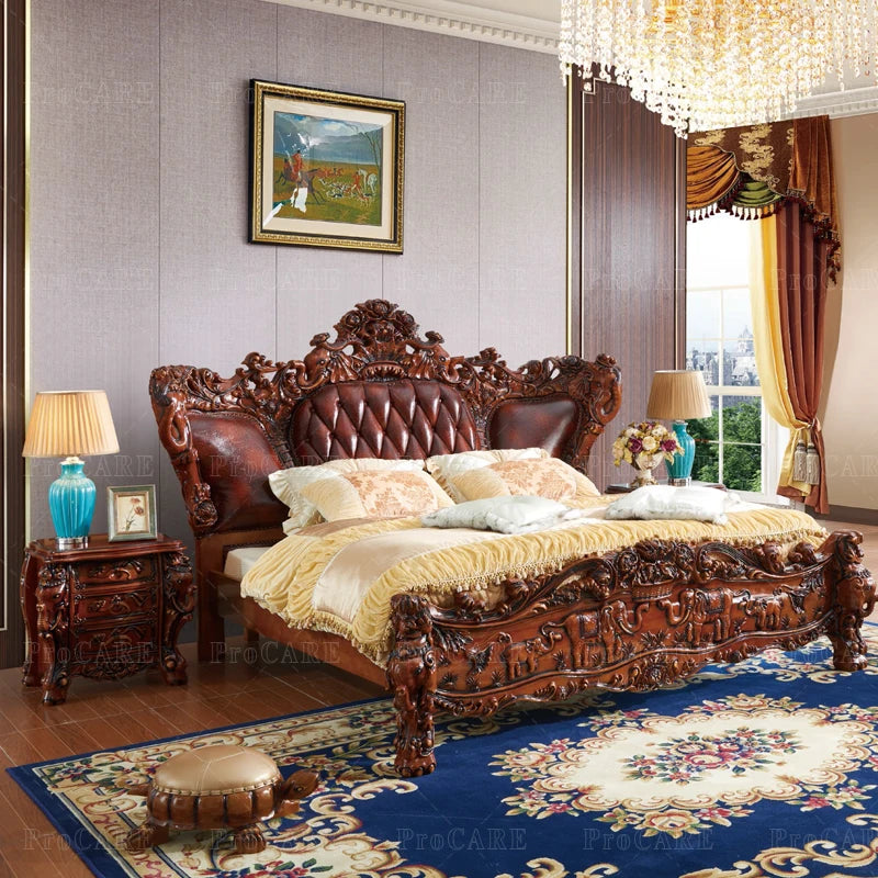 European-style bedroom furniture set for villas, featuring solid wood and genuine leather with an elegant elephant design