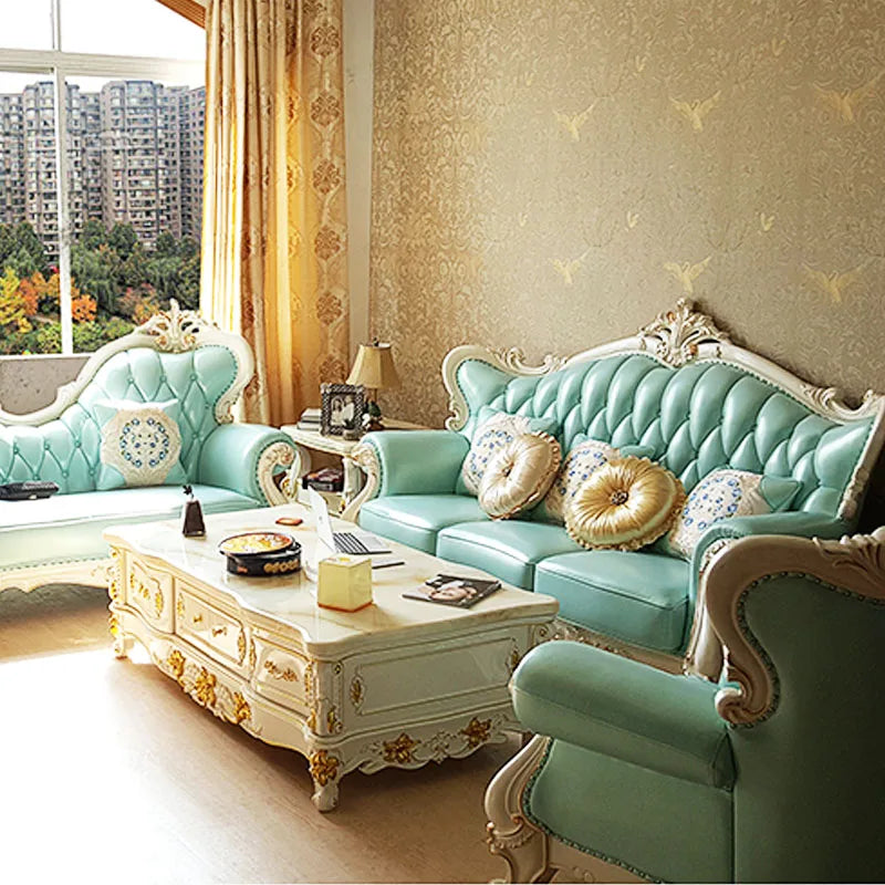 European Genuine Leather Sofa 123 Combo – Luxury Solid Wood Carved Living Room Set