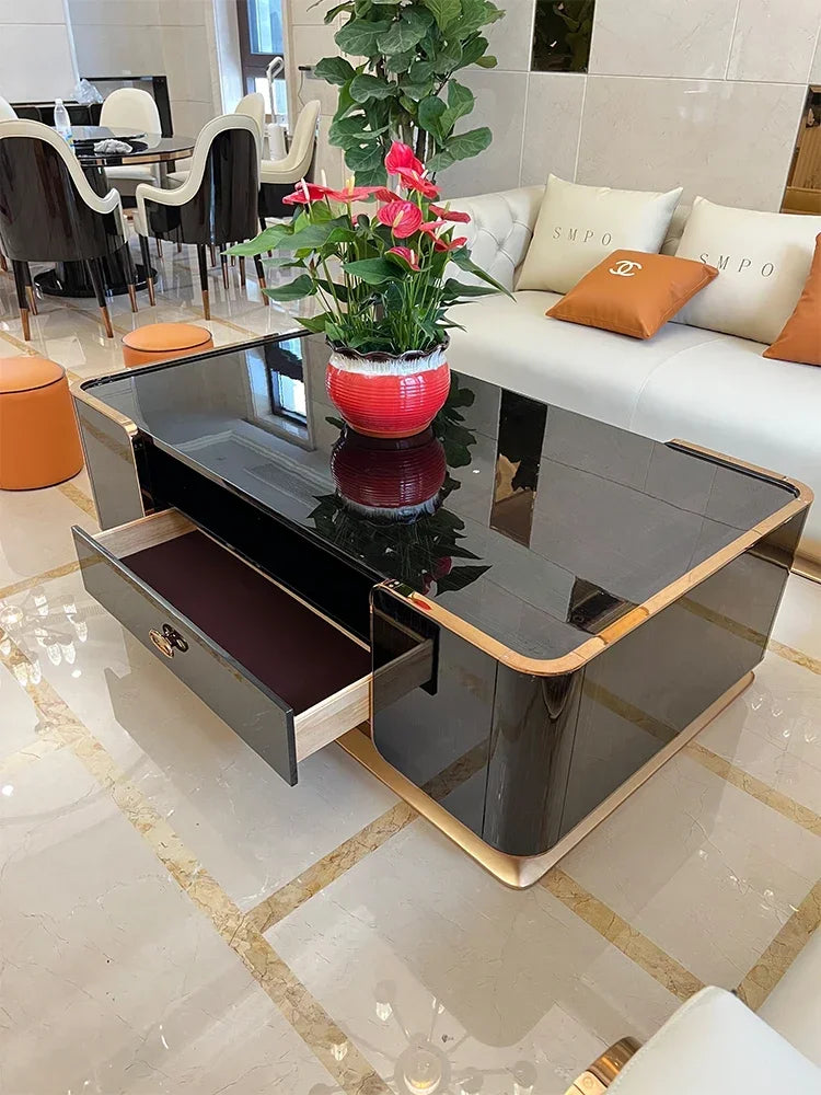 Italian luxury solid wood long tea table TV cabinet living room exquisite villa simple new furniture stainless steel lockers