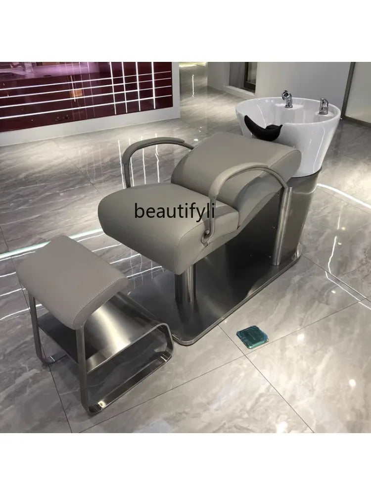 Hair Salon Lying Half Shampoo Flushing Bed for Hair Salon Barber Shop Stainless Steel Ceramic Basin