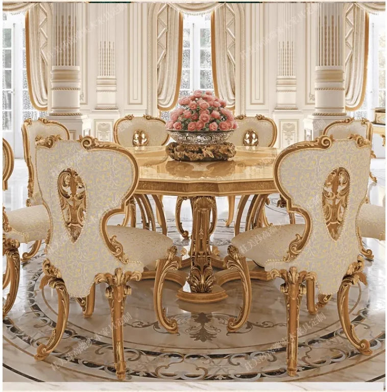 European Solid Wood Round Dining Set – Hand-Carved Retro Design