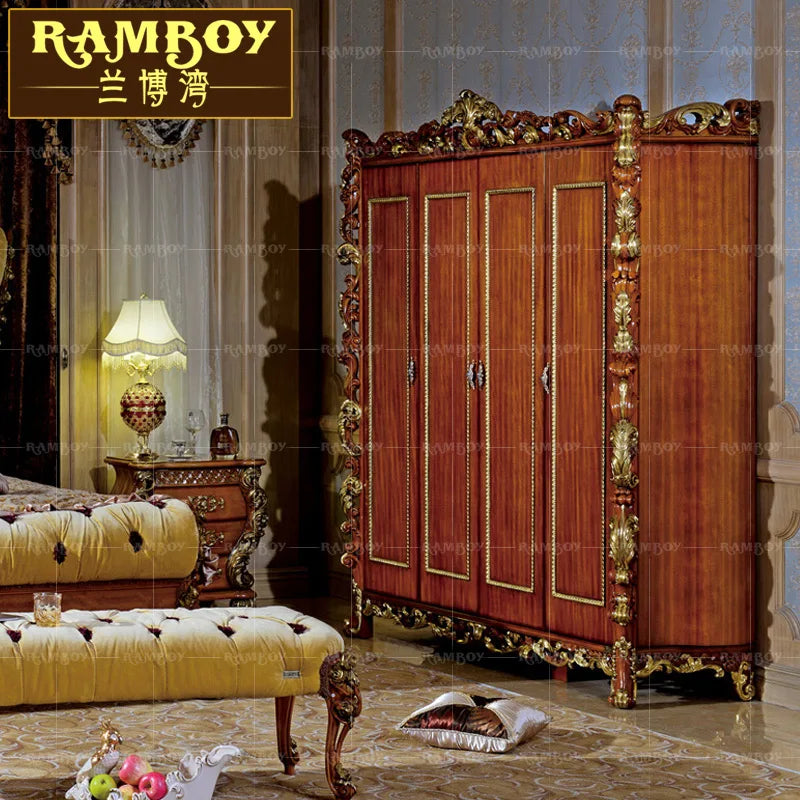 Italian Luxury Classical European Solid Wood Carved Wardrobe, Four-Door Villa Palace Bedroom Locker