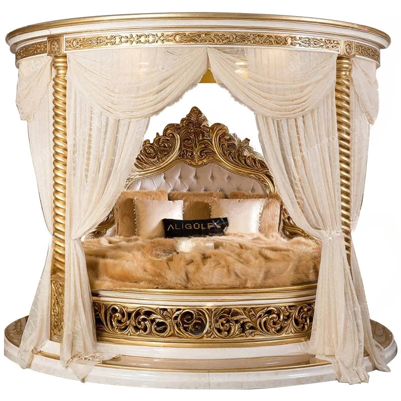 European-Style Solid Wood Round Bed – French Luxury Carved, Princess Double Marriage Bed