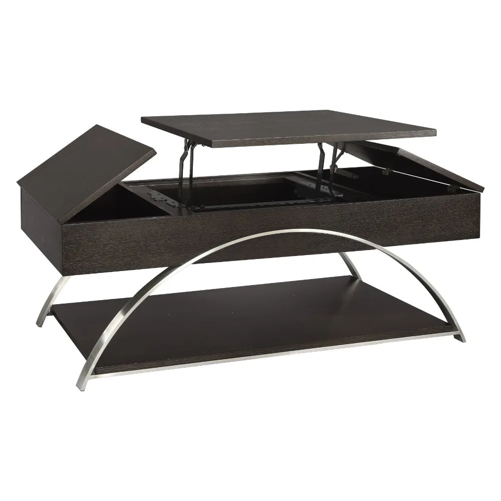 Modern Elevated Coffee Table – Espresso Finish Wood with Chrome Metal Display Shelf