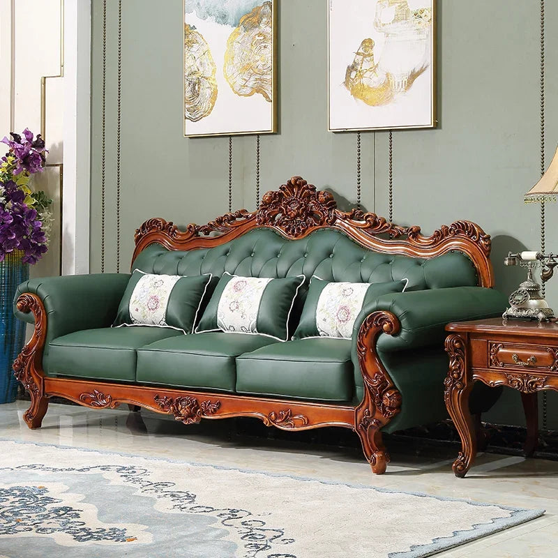High-end European oak leather sofa set (1+2+3) for large American living rooms, ideal for luxury villas.