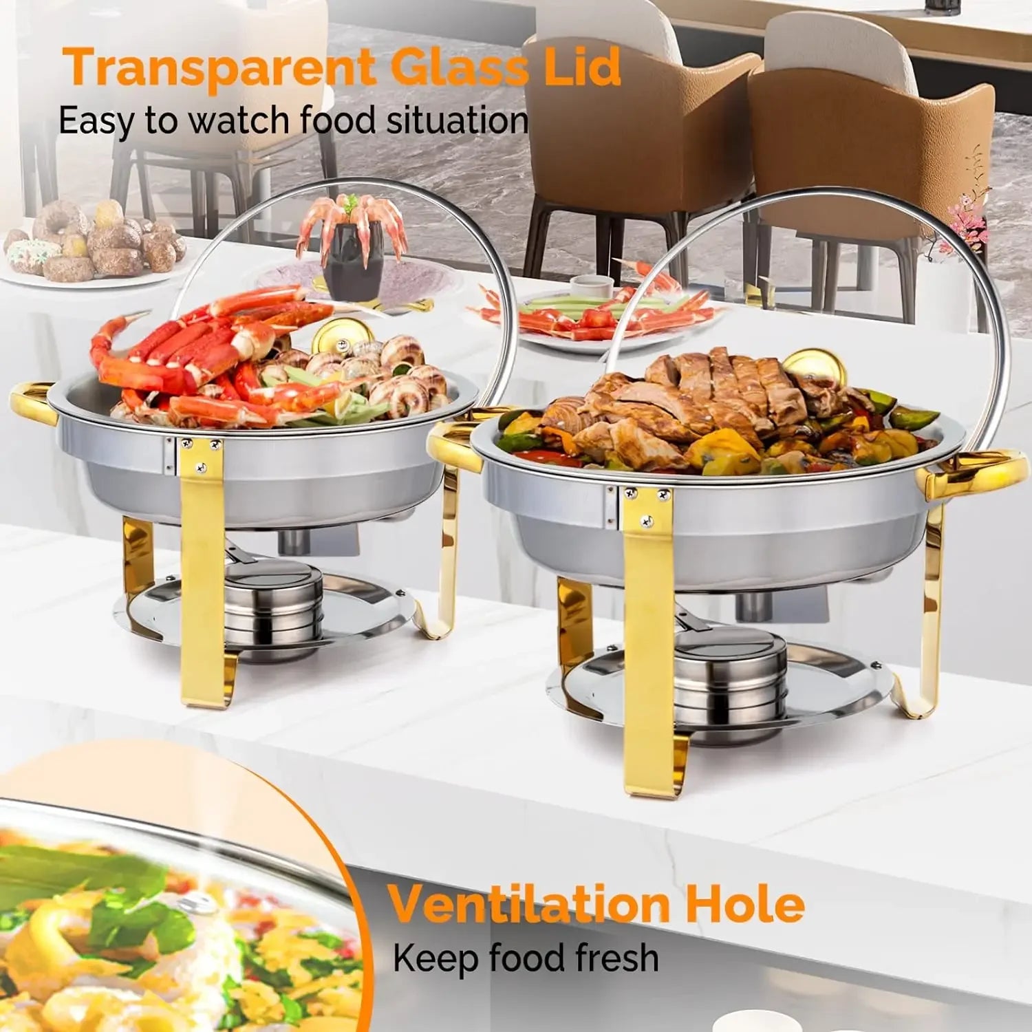5QT Chafing Dish Buffet Set – Gold Accent Round NSF Stainless Steel with Glass Lid & Holder, 2-12 Packs for Catering & Events