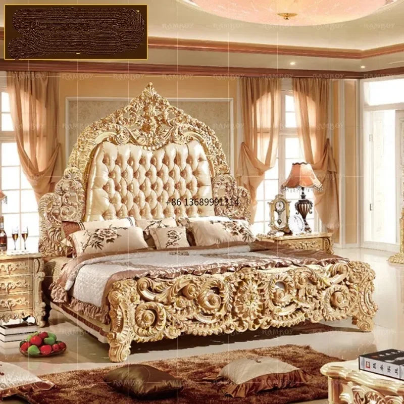 Custom European luxury leather bed, hand-carved from French solid wood