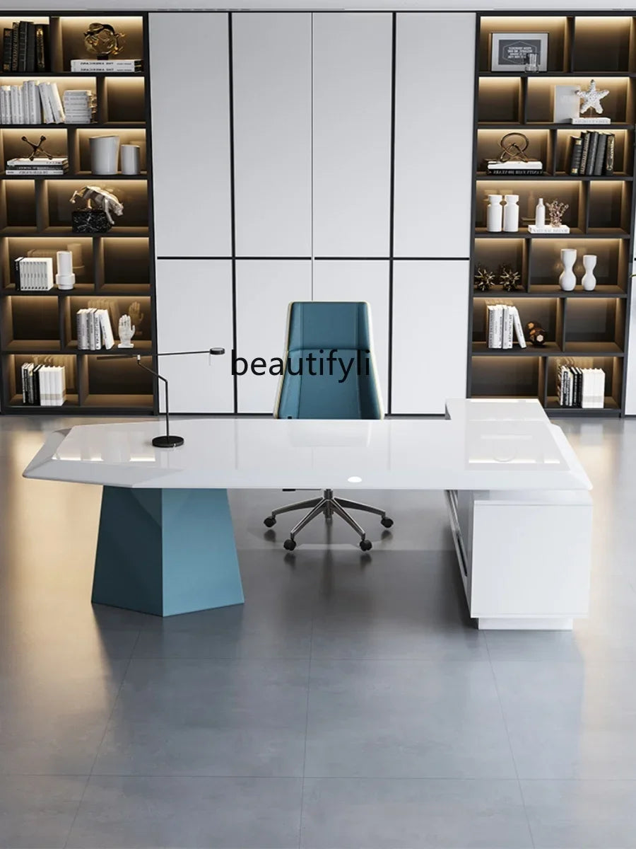 Simple Modern Light Luxury Office Desk – White Executive Desk for Bosses
