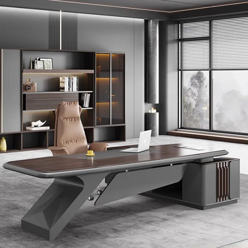 Modern L-shaped standing office desk with wooden drawers