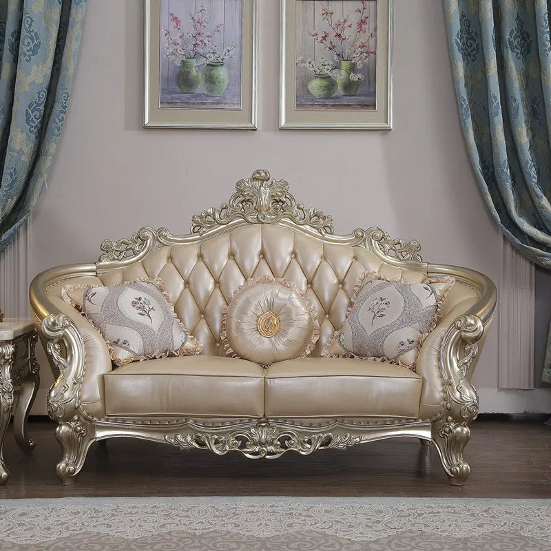 European-Style Leather Sofa Combination: Luxury Solid Wood Carved Sectional for Villa Living Rooms.