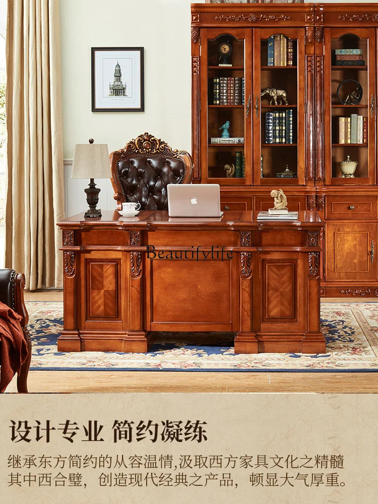 European-Style Solid Wood Desk Home American-Style High-End Vintage Engraving Villa Computer Desk