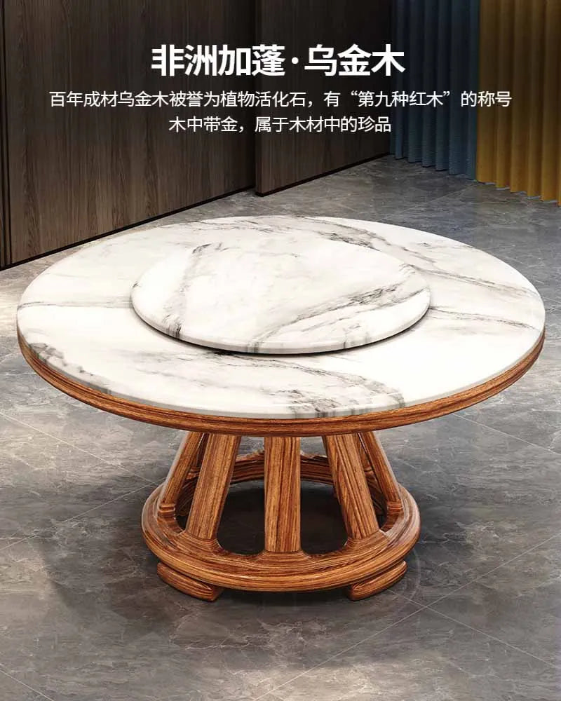 New Chinese Style Dining Set – Marble Round Solid Wood Table with Turntable
