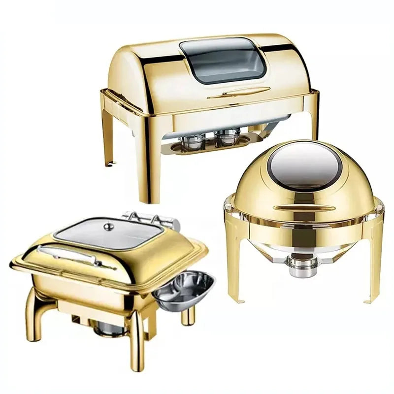 Commercial Chafing Dish – Rectangular Golden Buffet Food Warmer for Catering and Restaurant Equipment.