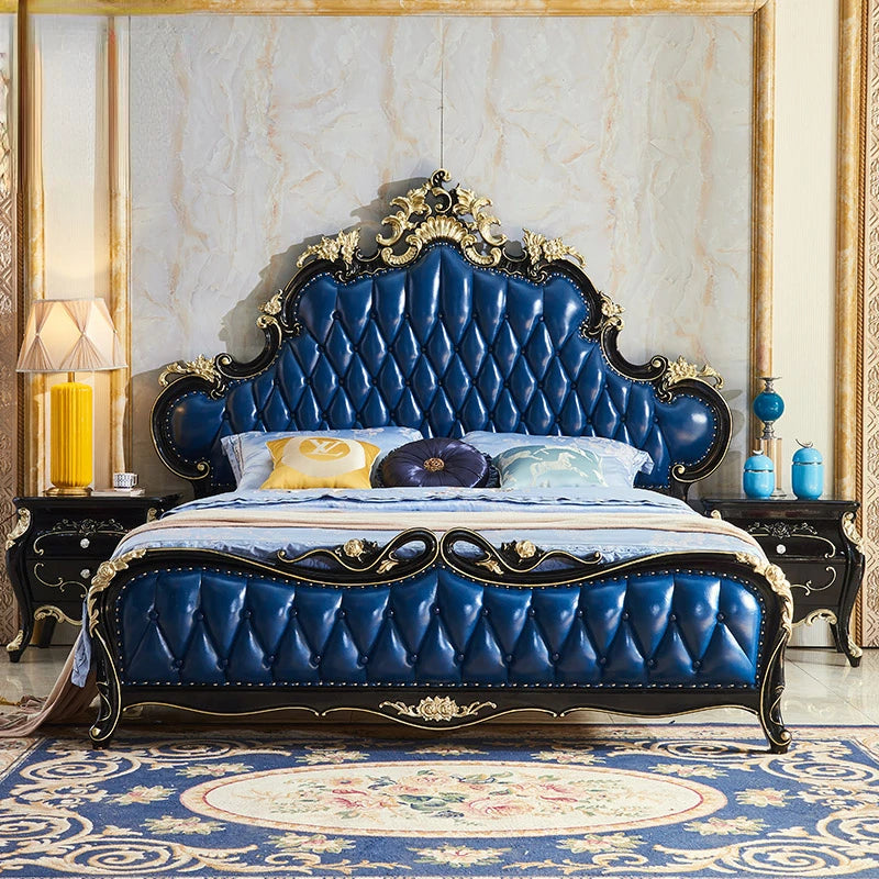 European Style Solid Wood Bed: Genuine Leather Ebony Princess Bed—American Light Luxury Villa Furniture.