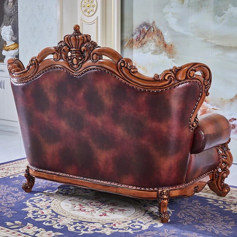uropean Leather Sofa Combination - Carved Crown Sofa for Villa Living Room