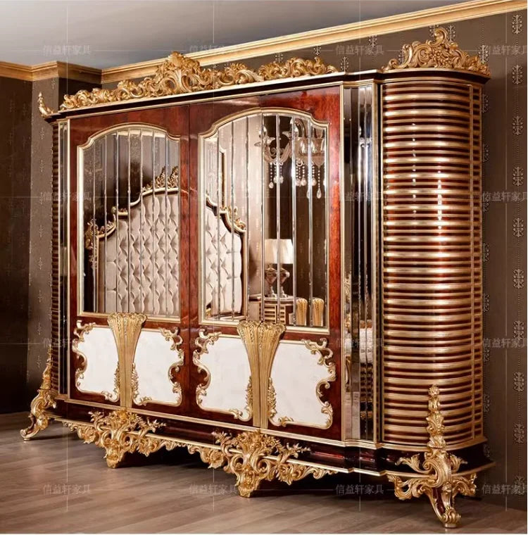 European Italian Villa Wardrobe – Luxury Solid Wood Carved, Six Doors, Custom Bedroom Furniture