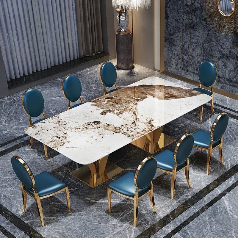 Stainless steel rock plate dining table chair combination rectangular large family marble dining table 10 people