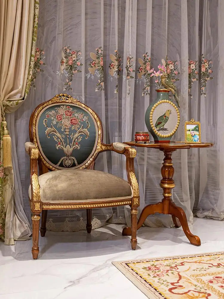 European Style Retro Classical Solid Wood Beech Sofa Chair: Dark Green Floral Design with Elegant Brown and Gold Foil Accents for Villa Decor.