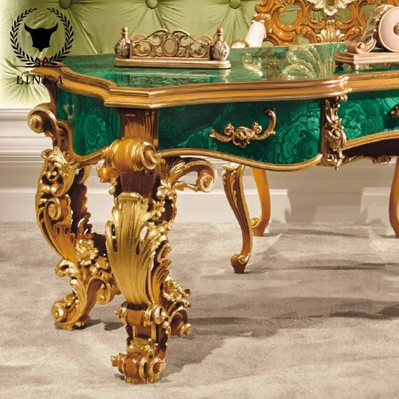 European Solid Wood Desk: Luxury Emerald Green with Gold Foil, Italian-French Carved Design, Customizable for Villas.