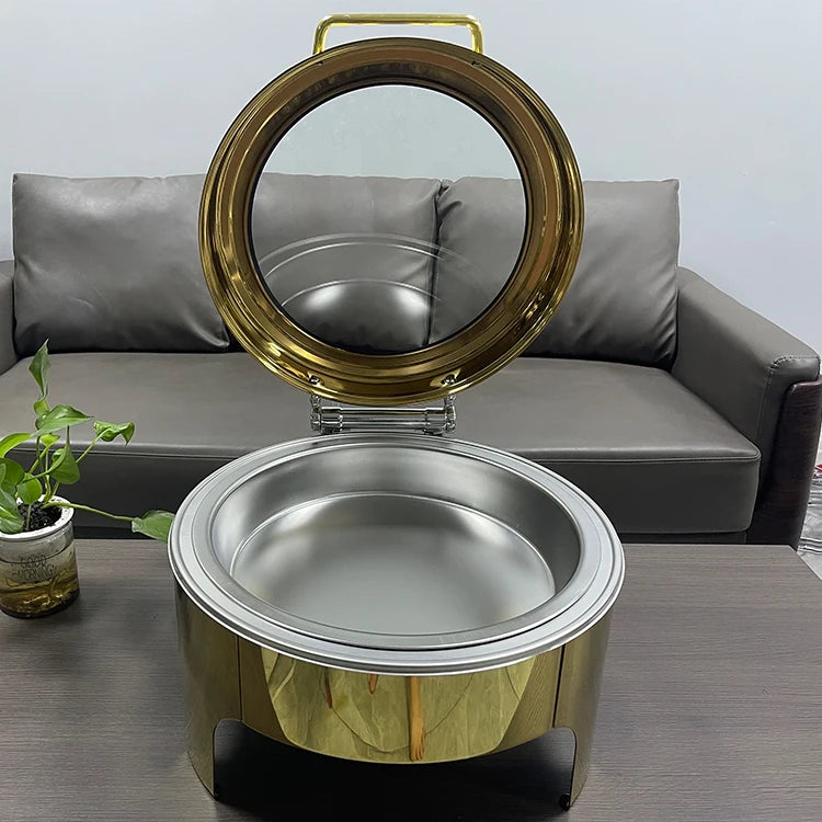 Hotel Restaurant Catering Deluxe Stainless Steel Roll Top Chaffing Dishes 6.5L Gold Round Buffet Chafing Dish
