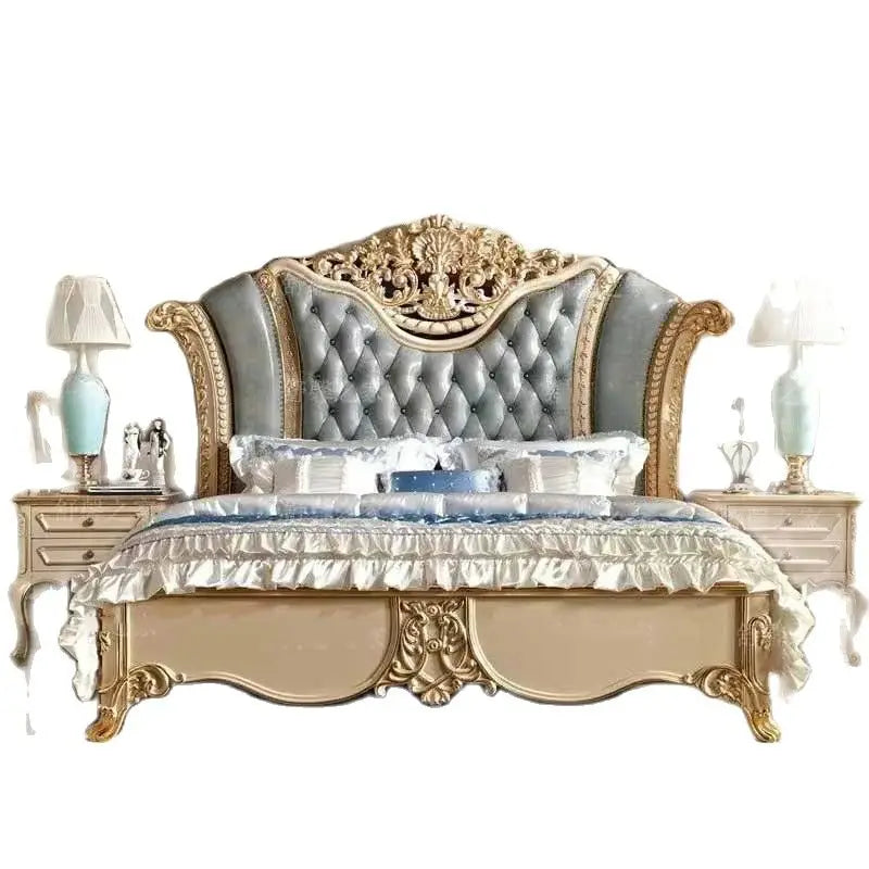 Solid wood carved double bed, European style leather princess bed, Italian villa high-end customized 1.8-meter wedding bed