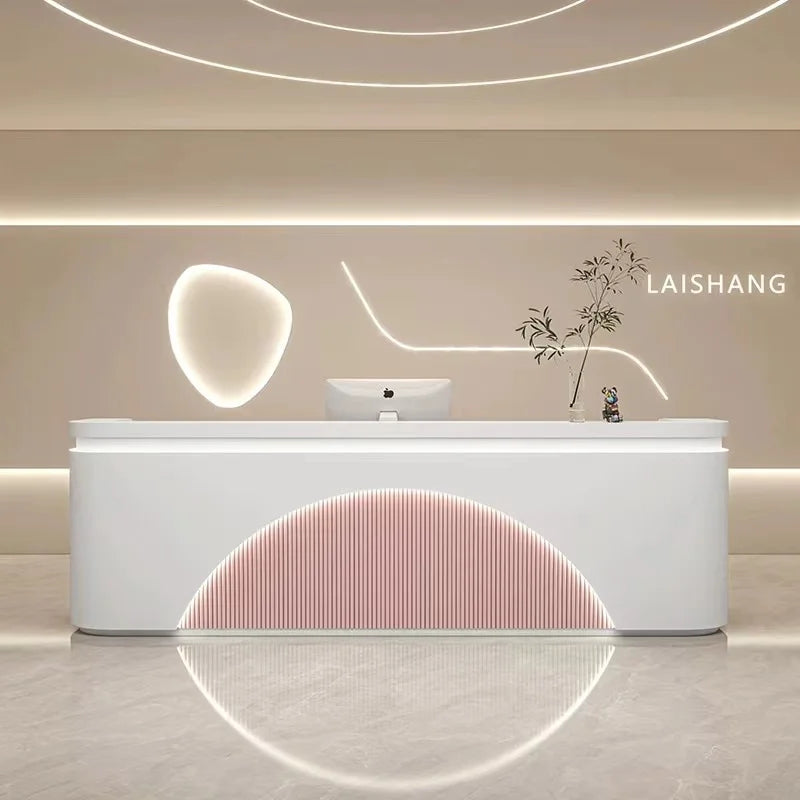Professional Aesthetic Reception Modern Luxury Furniture Counter Salon Workshop Box Store Desk Curved Promotional Table Help