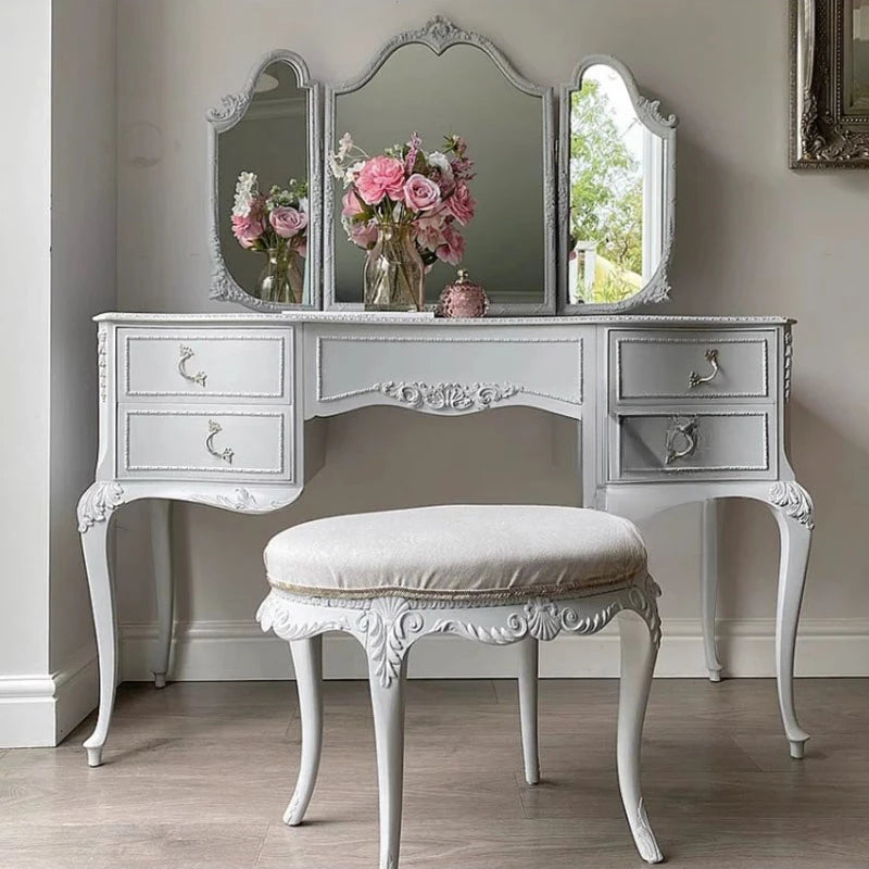 White Aesthetic Luxury Wood Makeup Table with Drawers