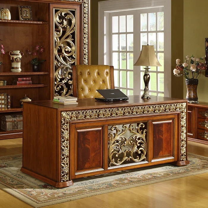 Custom European Carved Desk and Chair Set