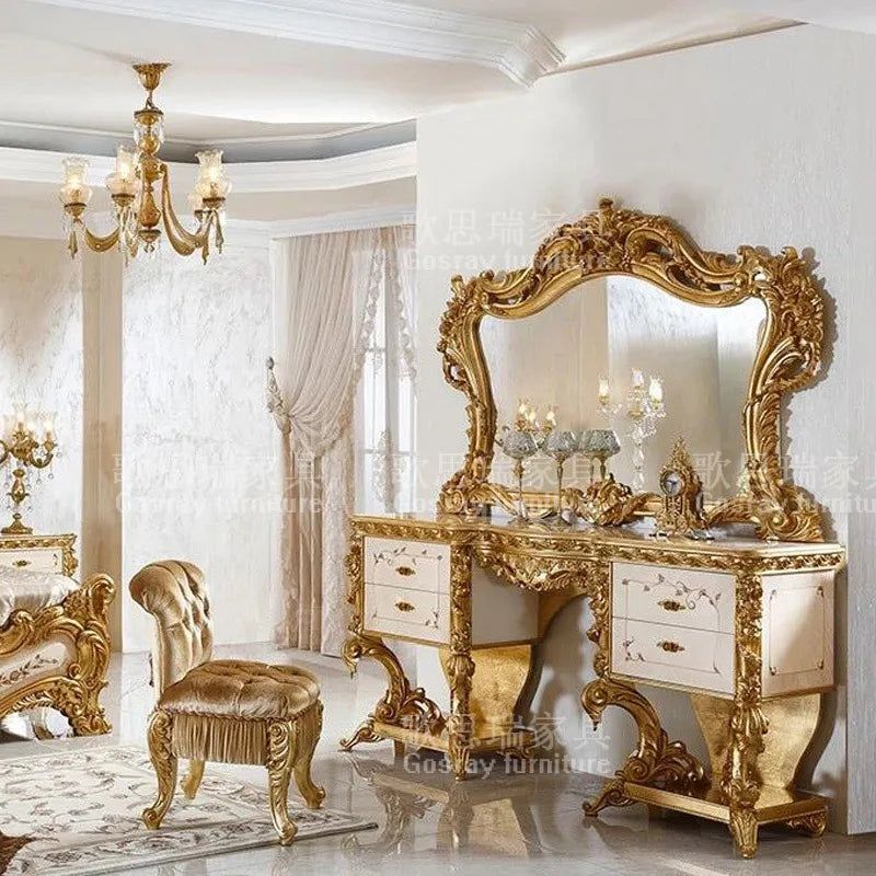European style solid wood luxury carved bedroom dressing table Makeup table French court gold foil hand-painted makeup table