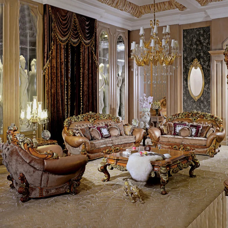European Solid Wood Luxury Fabric Sofa: French Carved Palace Style, Customizable 123 Combination for Living Rooms.
