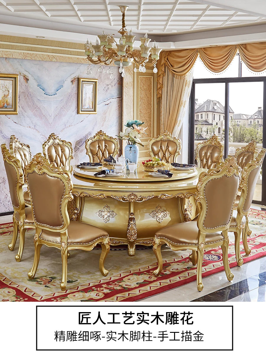 European round table, full solid wood dining table, luxury champagne golden hotel dining table, dining table and chairs