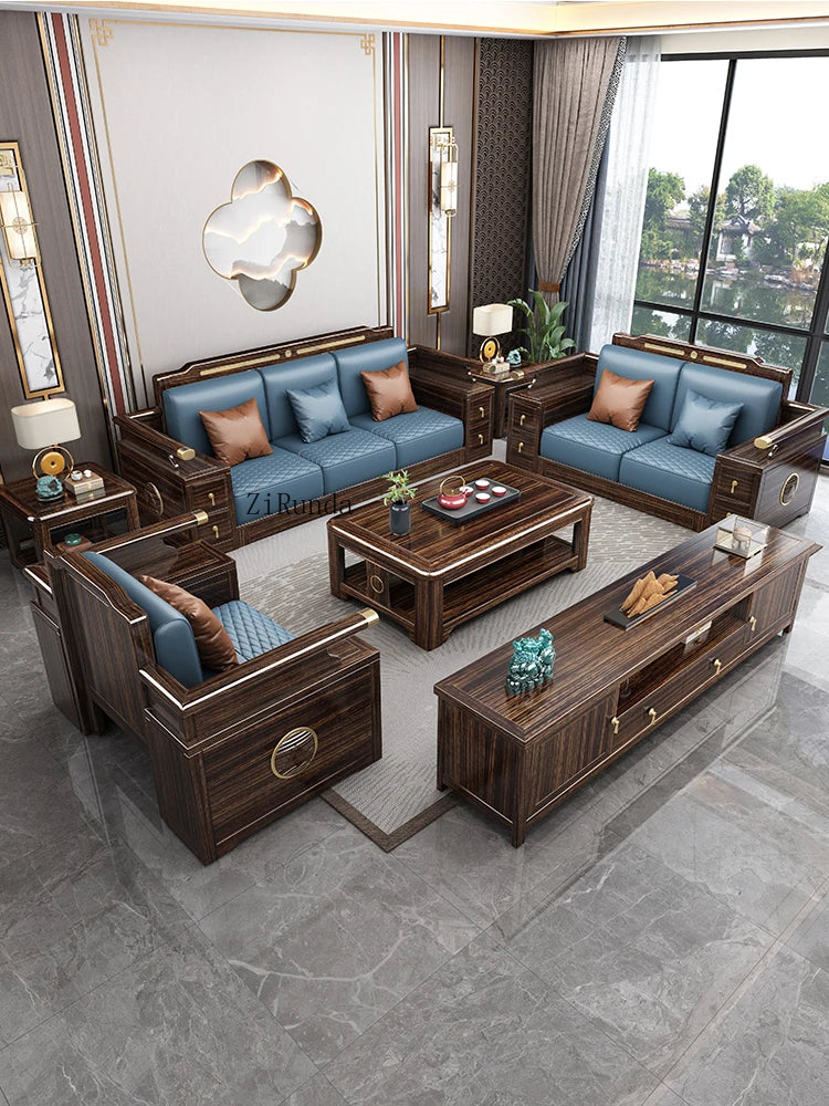 New Chinese style ebony all solid wood sofa combination villa living room, small and large unit storage sofa furniture