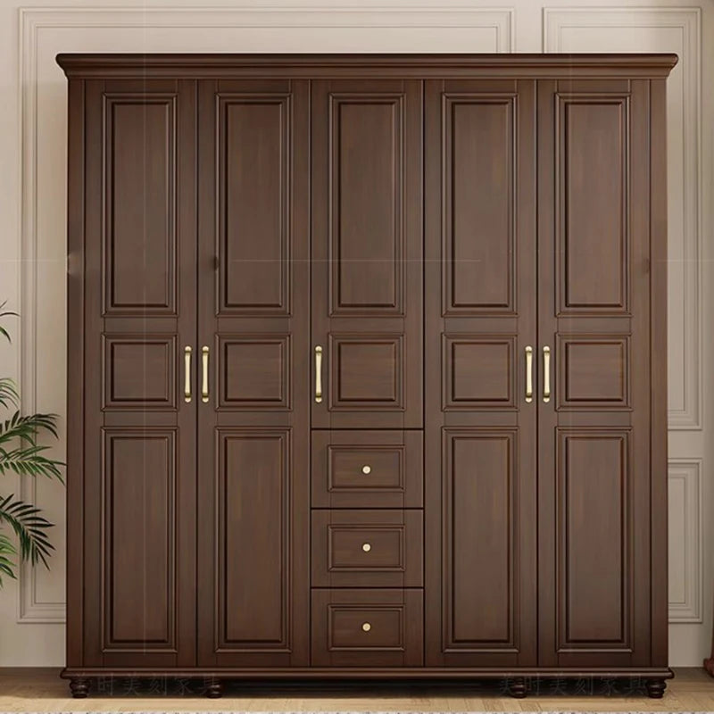 American Retro Large Wood Wardrobe – Black Walnut, 4 Doors, Open Closet