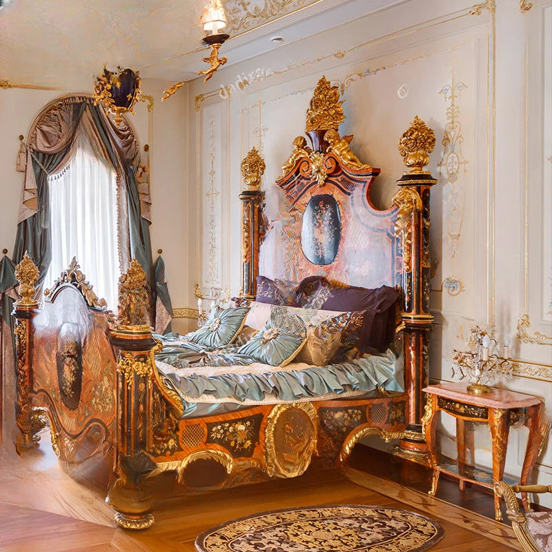 French Painted Double Bed – European Solid Wood, Carved, Luxury Royal Wedding Bed