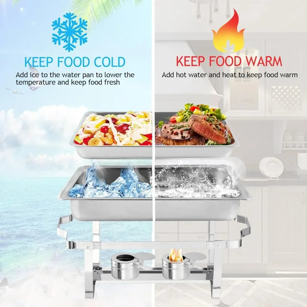 4-Pack Chafing Dish Buffet Set – 8 Quart Stainless Steel Servers and Warmers with Folding Frame, Ideal for Weddings.