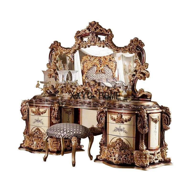 European style solid wood carving vanity French court golden makeup table villa vanity mirror table furniture