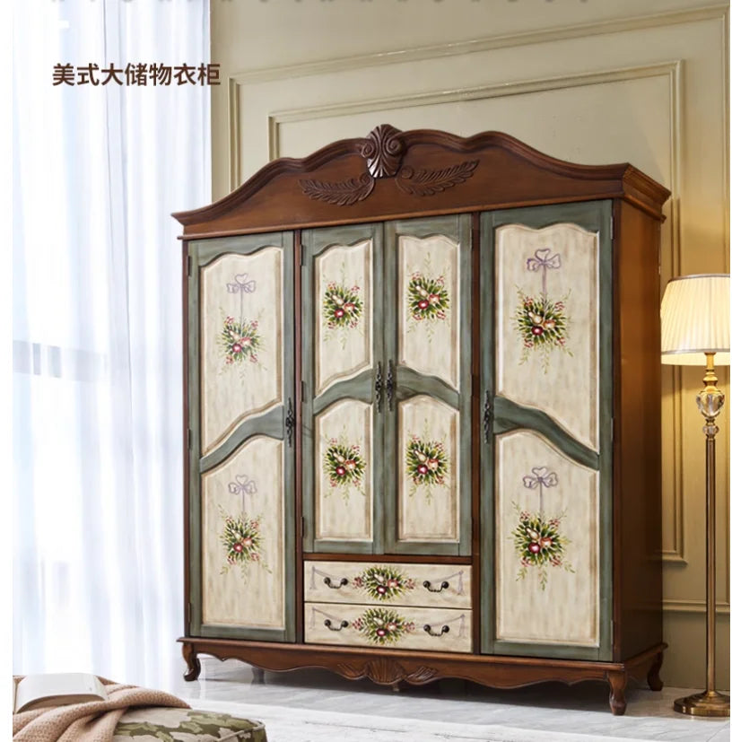 Solid Wood 4-Door Wardrobe – American Retro, Bedroom Storage Cabinet